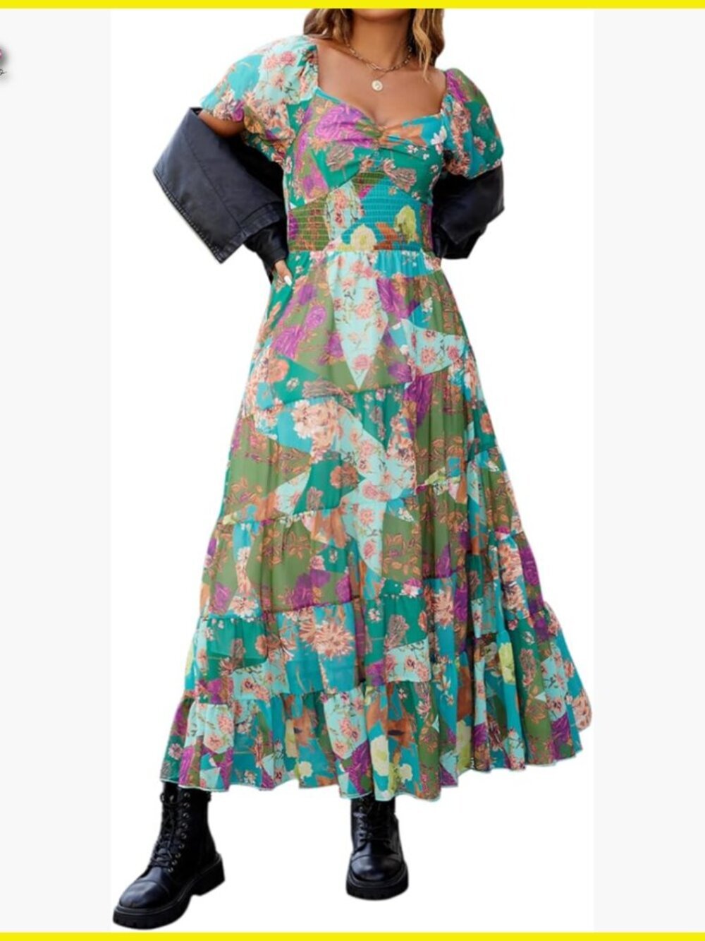 Floral Maxi Dress Bohemian Puff Sleeve Smocked Bodice Flowy Chiffon Casual
